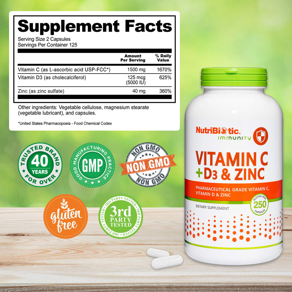 NutriBiotic bottle label highlights Vitamin C, D3, and Zinc