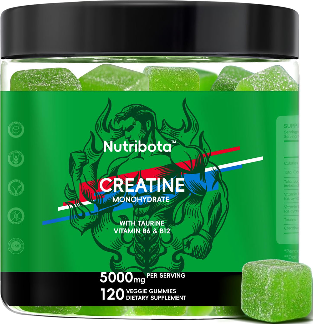 Nutribota Sugar Free Creatine Gummies bottle with natural apple flavor – 5g per serving, 120 gummies