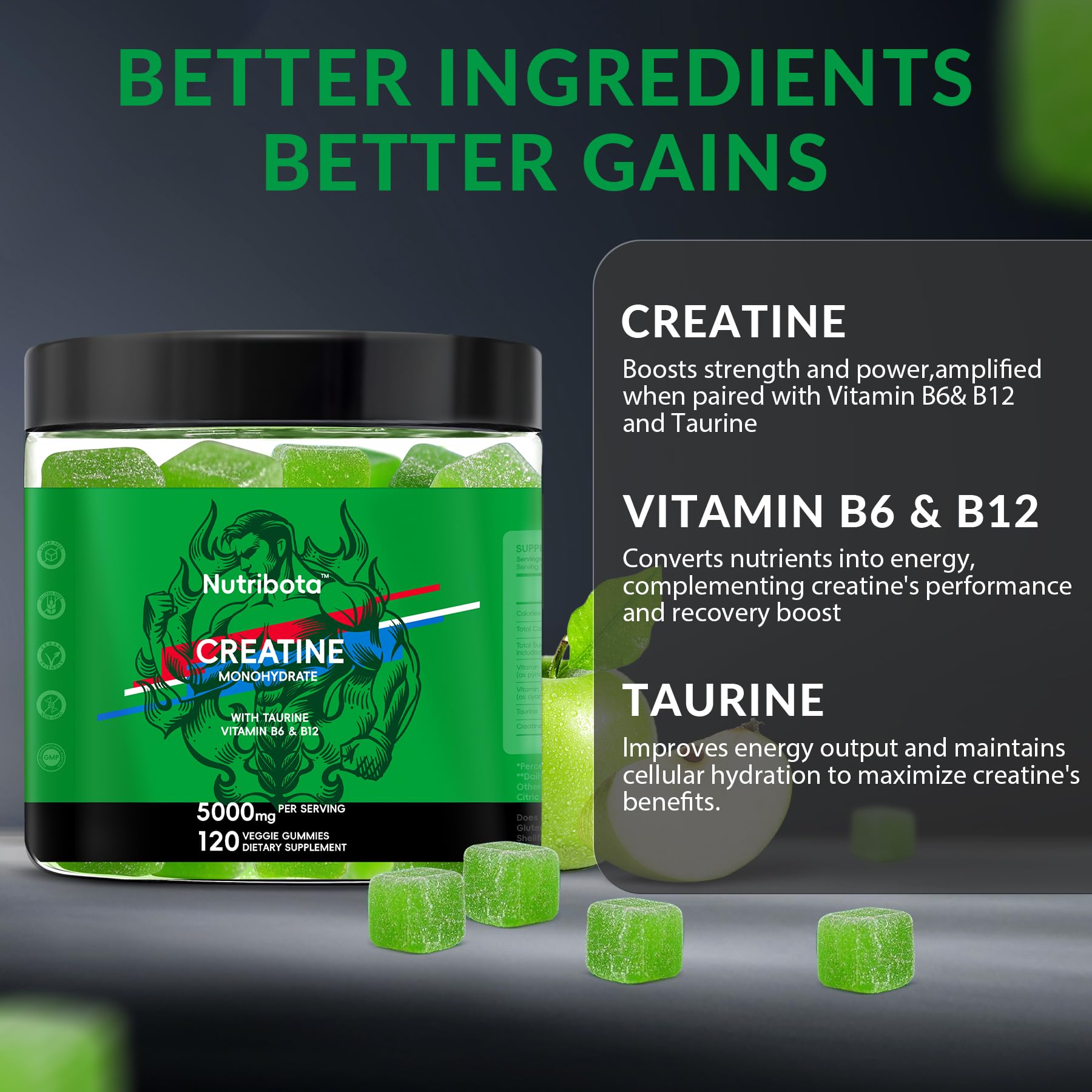 Serving suggestion of Nutribota Creatine Gummies with apples and a bottle