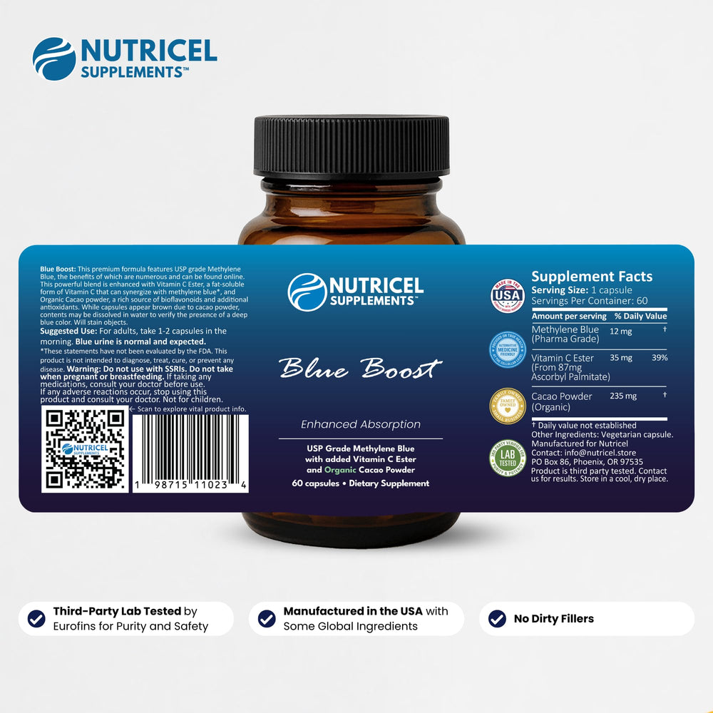 Nutricel Methylene Blue beside organic cacao powder for flavonoid pairing