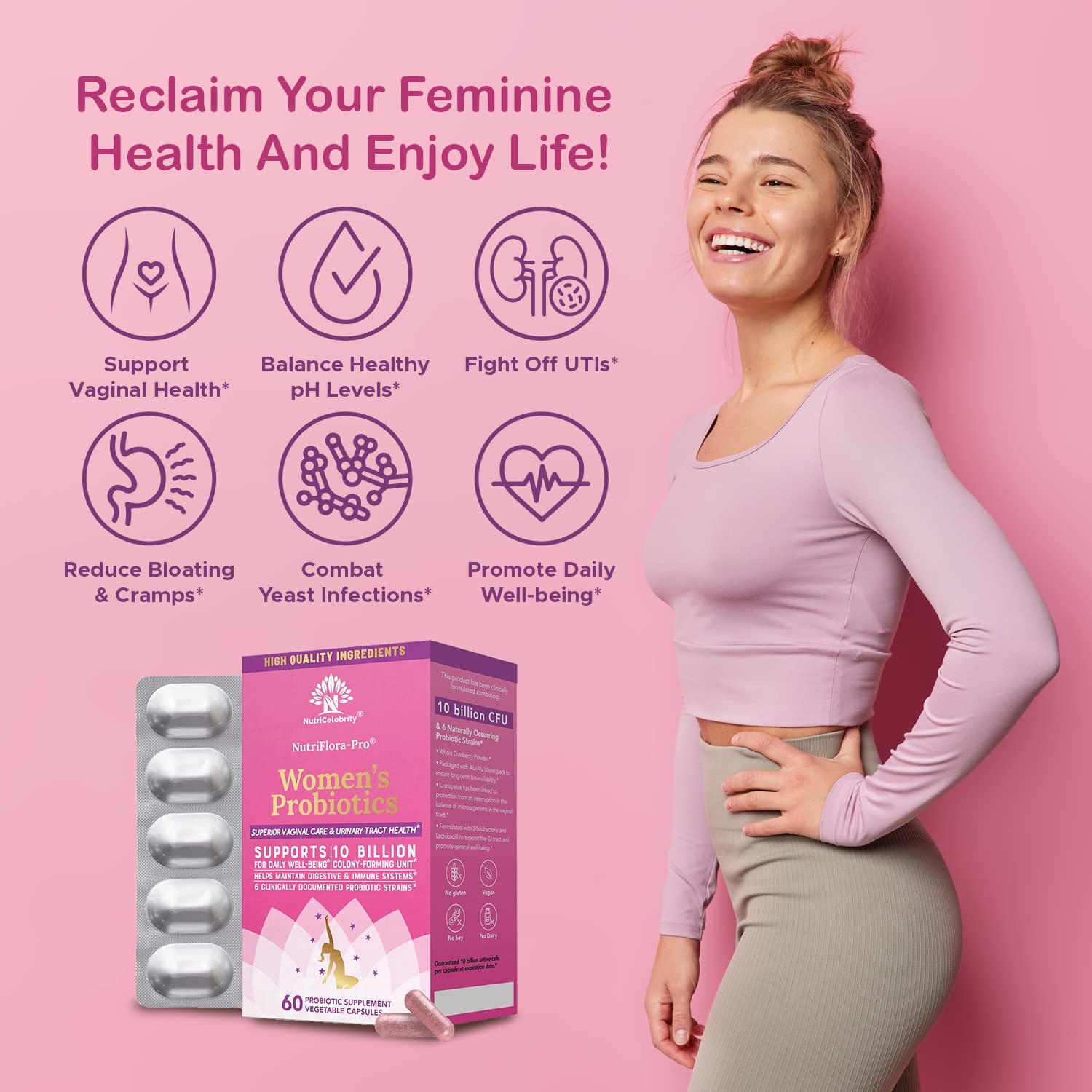 Probiotic capsules displaying 10 billion CFU