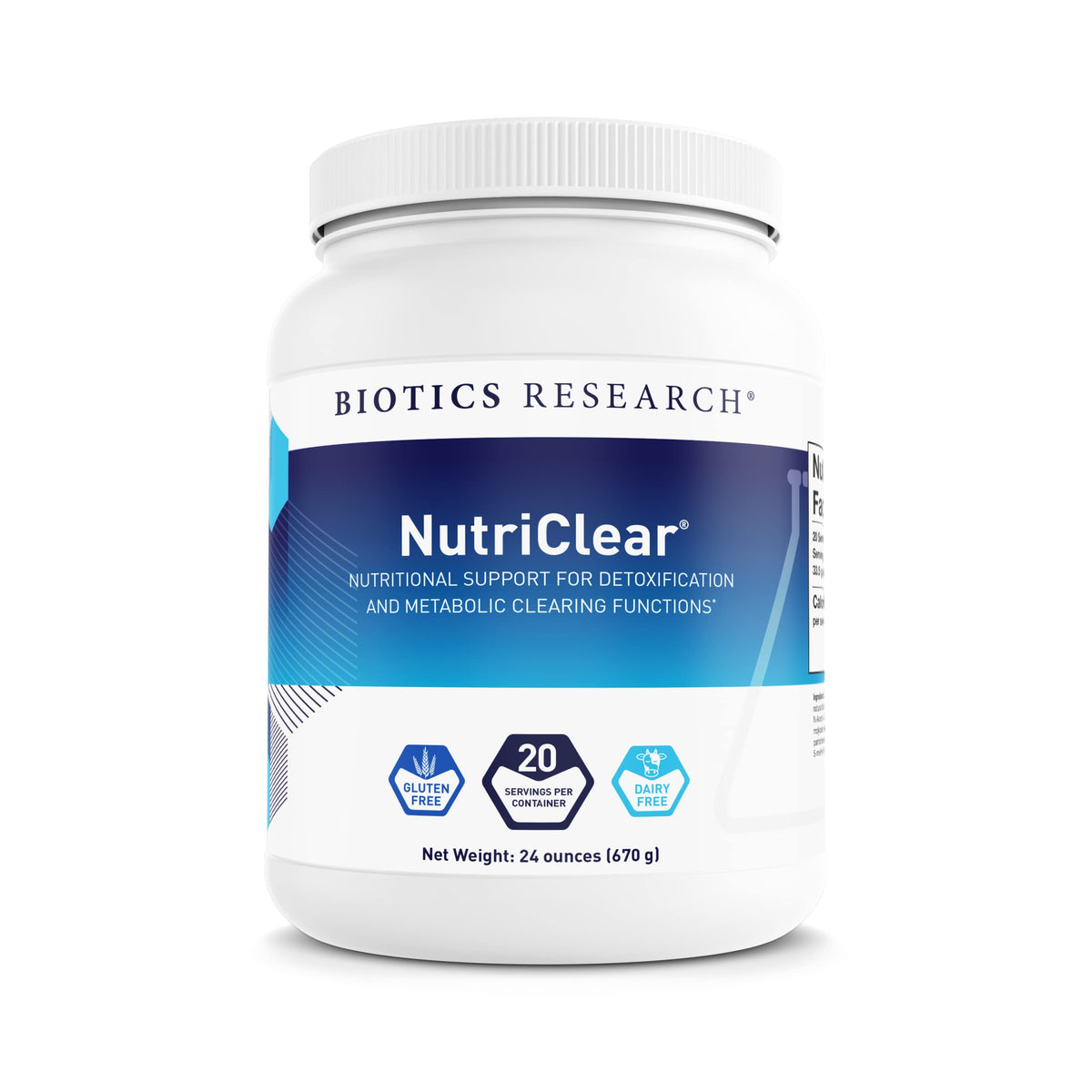 NutriClear powder bottle highlighting detox and liver support benefits.