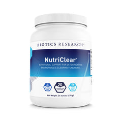 NutriClear powder bottle highlighting detox and liver support benefits.