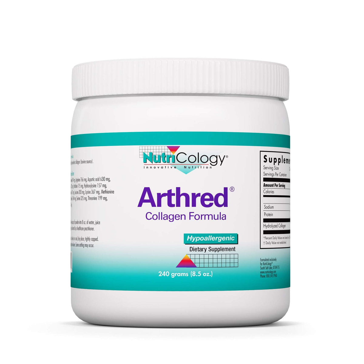 Nutricology Arthred collagen powder jar label