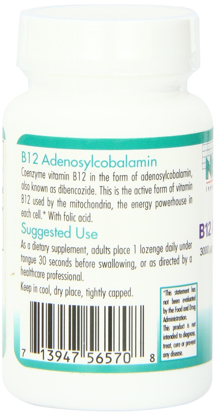 Nutrition facts panel on Nutricology B12 bottle