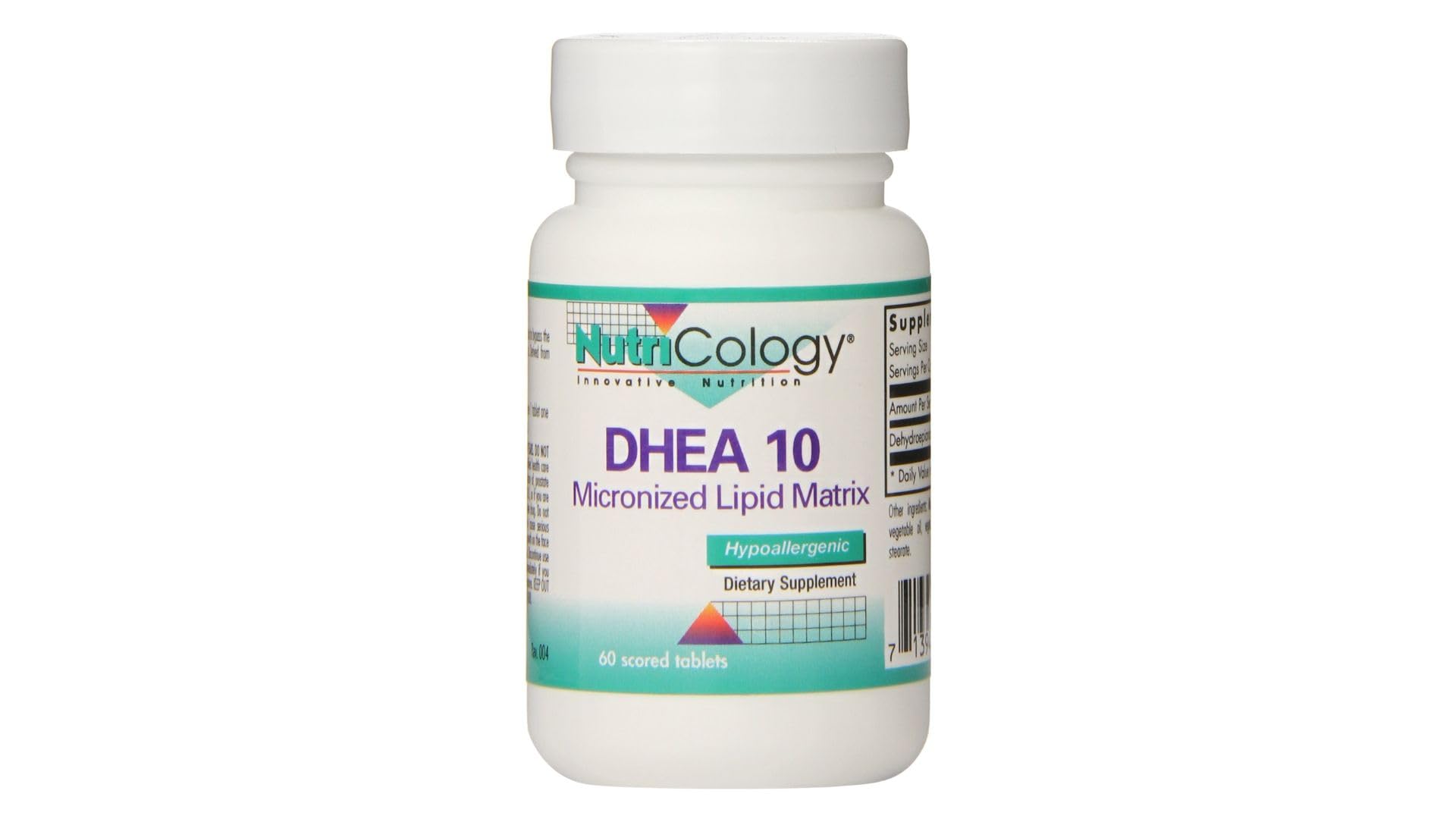 Front view of Nutricology DHEA 10 mg Sustained Release Tablets bottle label