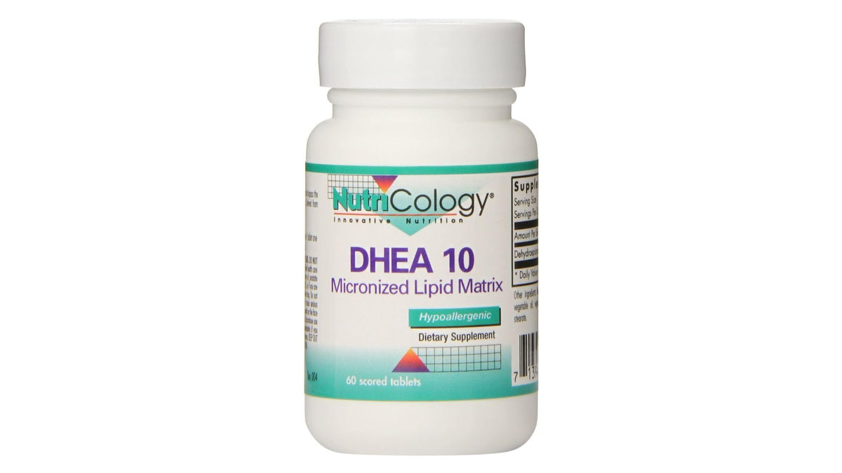 Front view of Nutricology DHEA 10 mg Sustained Release Tablets bottle label