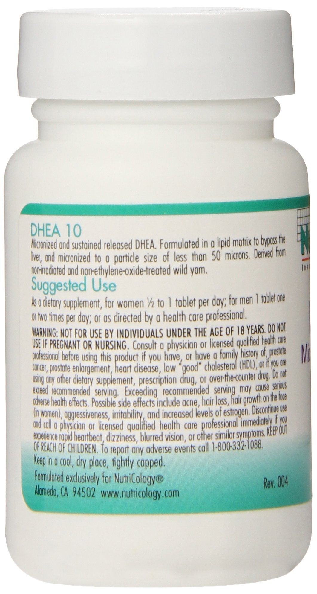 Supplement facts panel of Nutricology DHEA 10 mg tablets