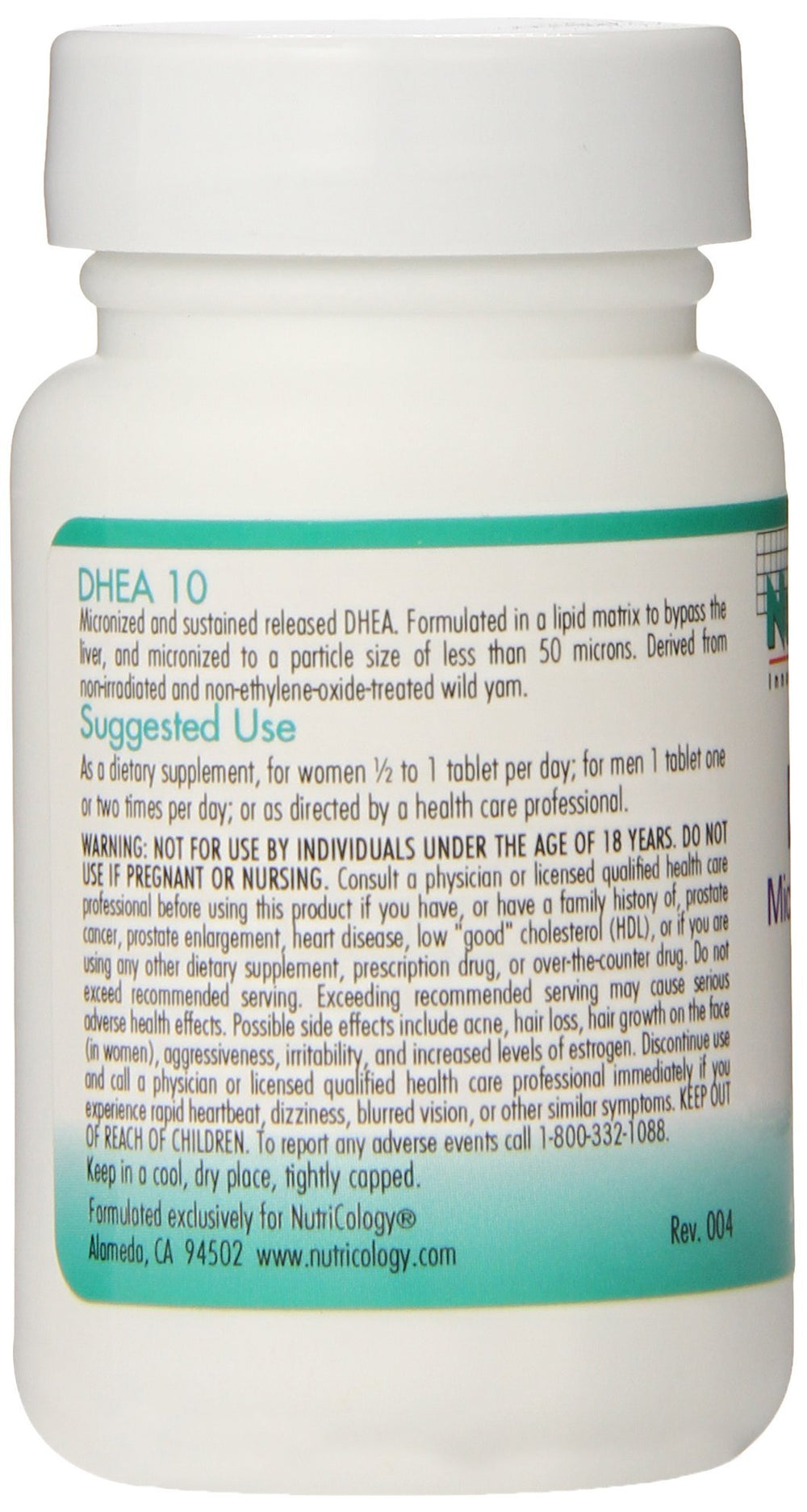 Supplement facts panel of Nutricology DHEA 10 mg tablets