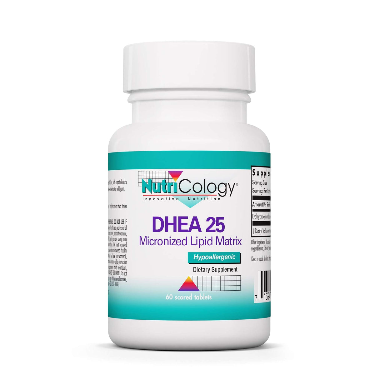 Bottle label showing Nutricology DHEA 25mg micronized DHEA in a lipid matrix