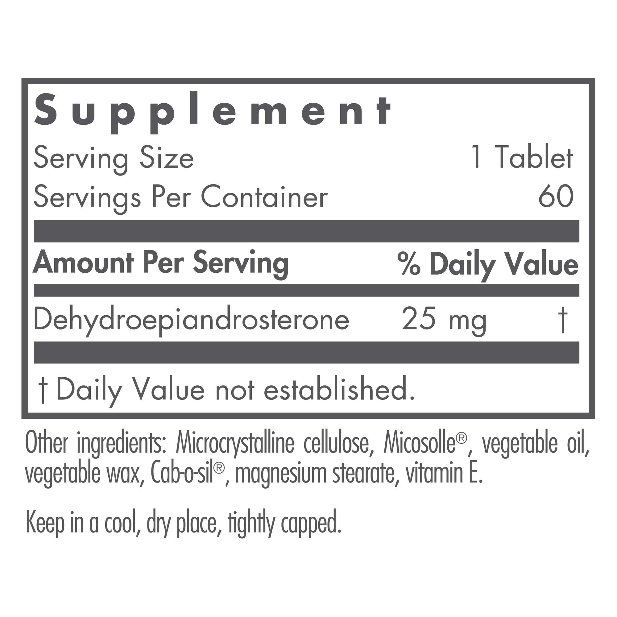Close-up of scored Nutricology DHEA 25mg tablet