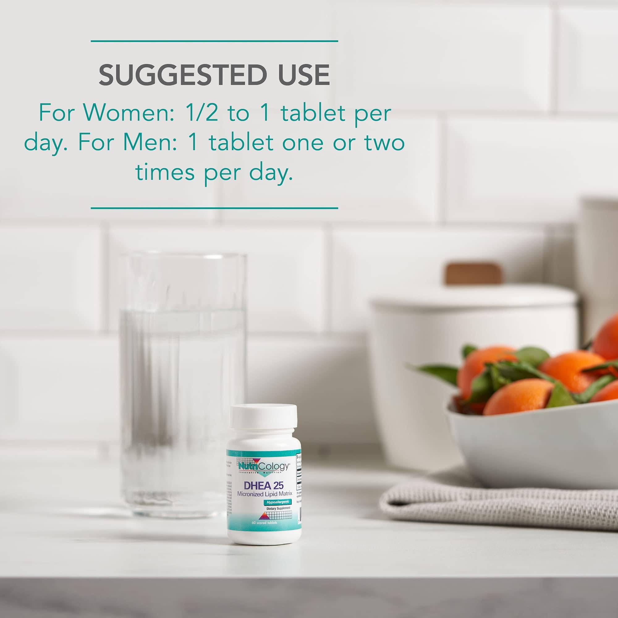 Supplement facts panel and product packaging for DHEA