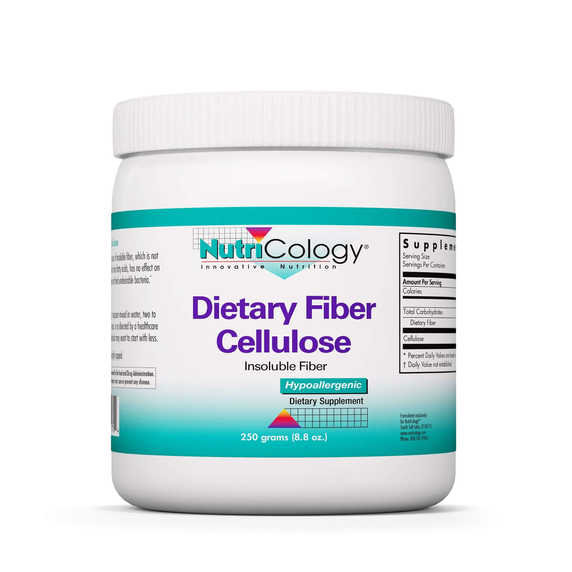 Front label of Nutricology Dietary Fiber Powder 2000mg insoluble microcrystalline cellulose 8.8 oz