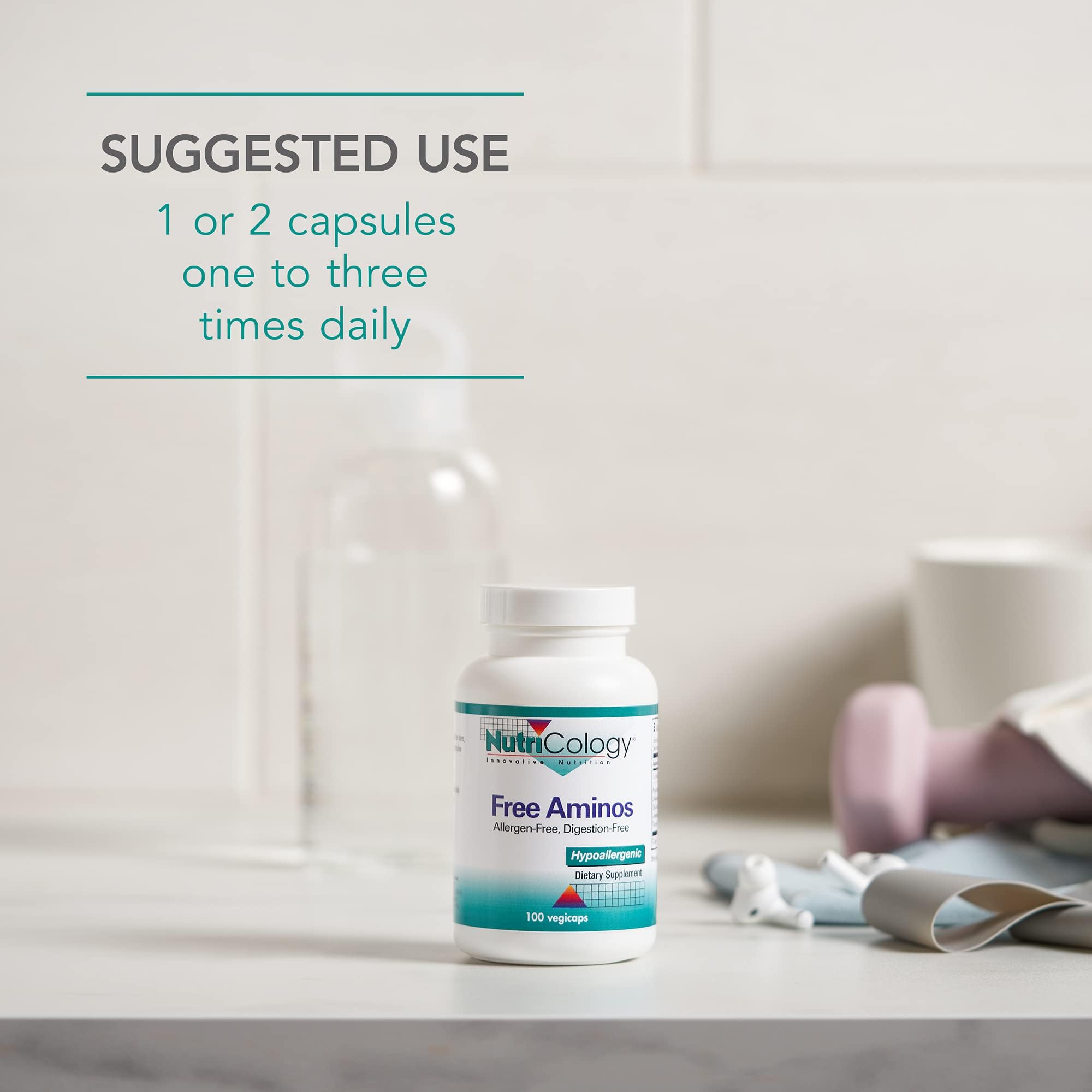 Vegetarian capsules and 100 count indication for Nutricology Free Aminos