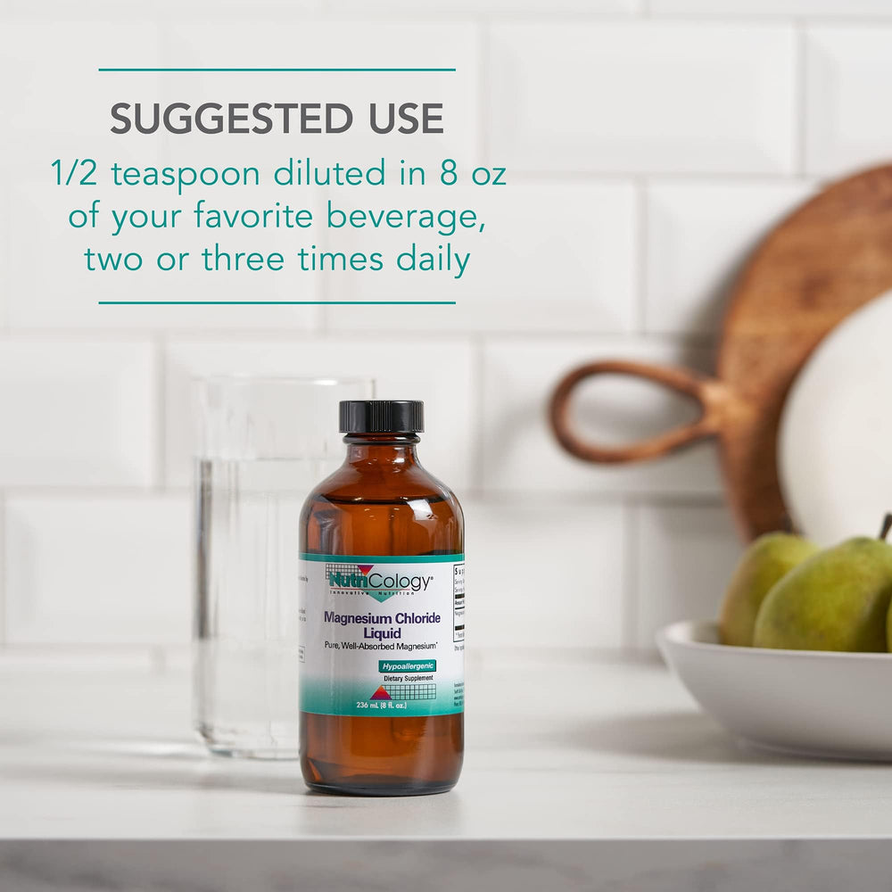 Nutricology Magnesium Chloride Liquid 8 oz bottle with pure ingredients and compatibility notes
