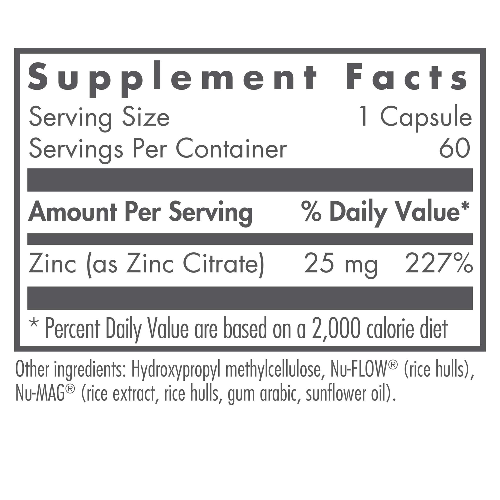 Nutricology Zinc Citrate 25 mg bottle back panel with supplement facts