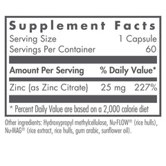 Nutricology Zinc Citrate 25 mg bottle back panel with supplement facts