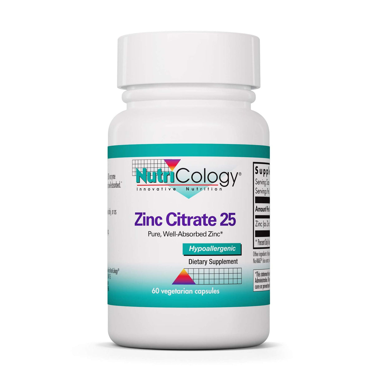 Nutricology Zinc Citrate 25 mg bottle front view, 60-count