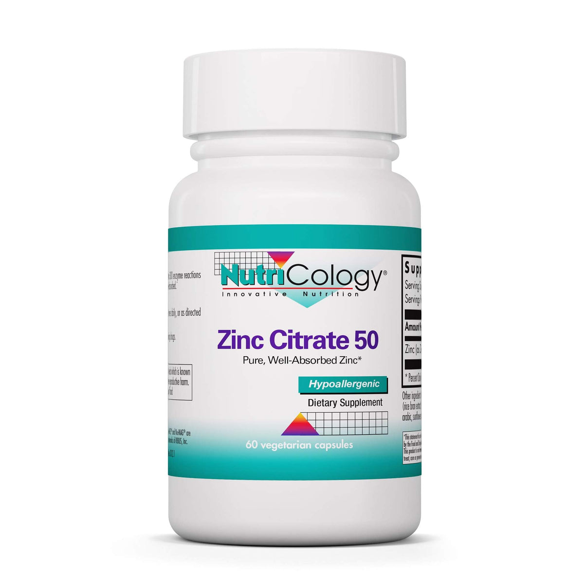 Nutricology Zinc Citrate Supplement bottle with 60 vegetarian capsules