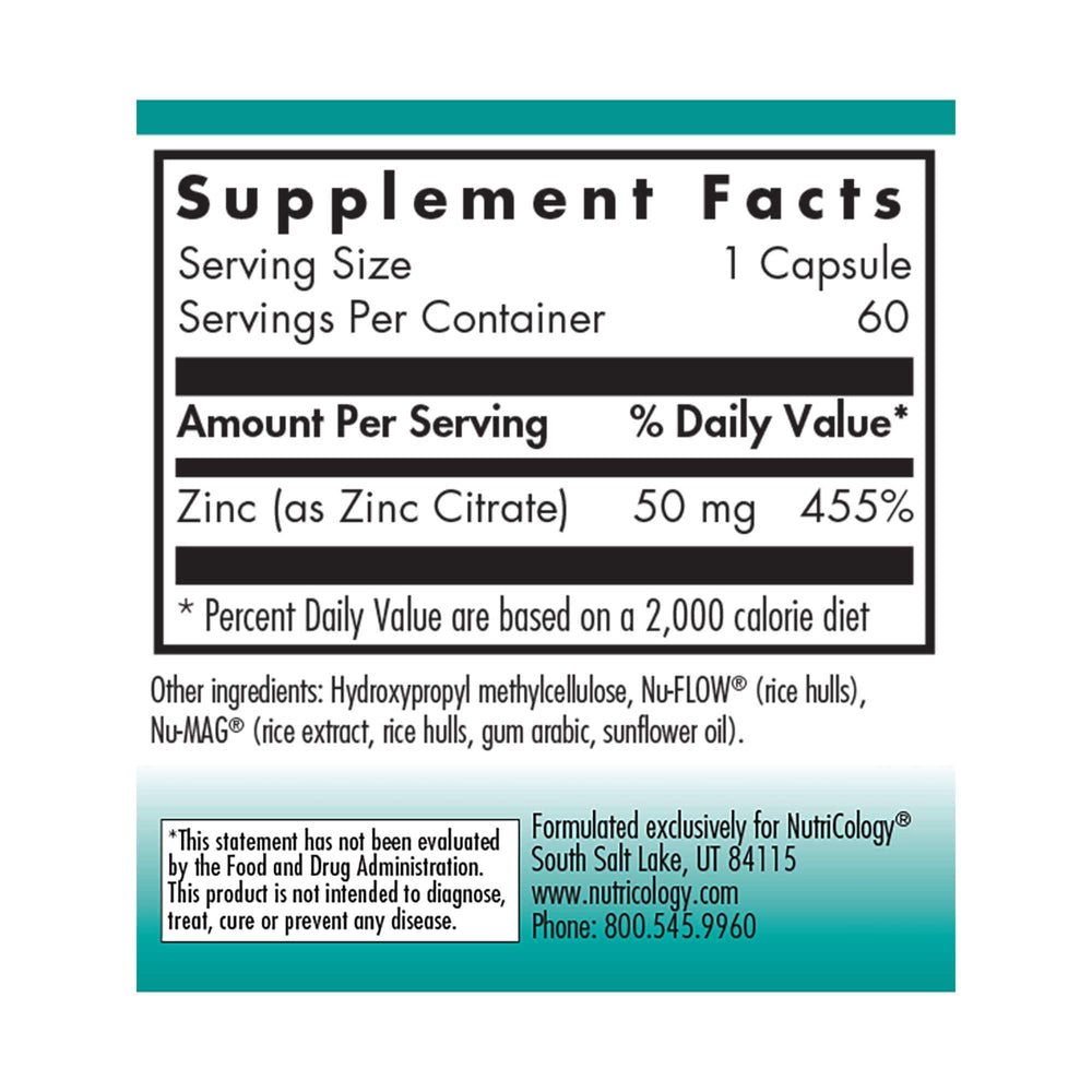 Close-up of Zinc Citrate 50mg vegetarian capsules