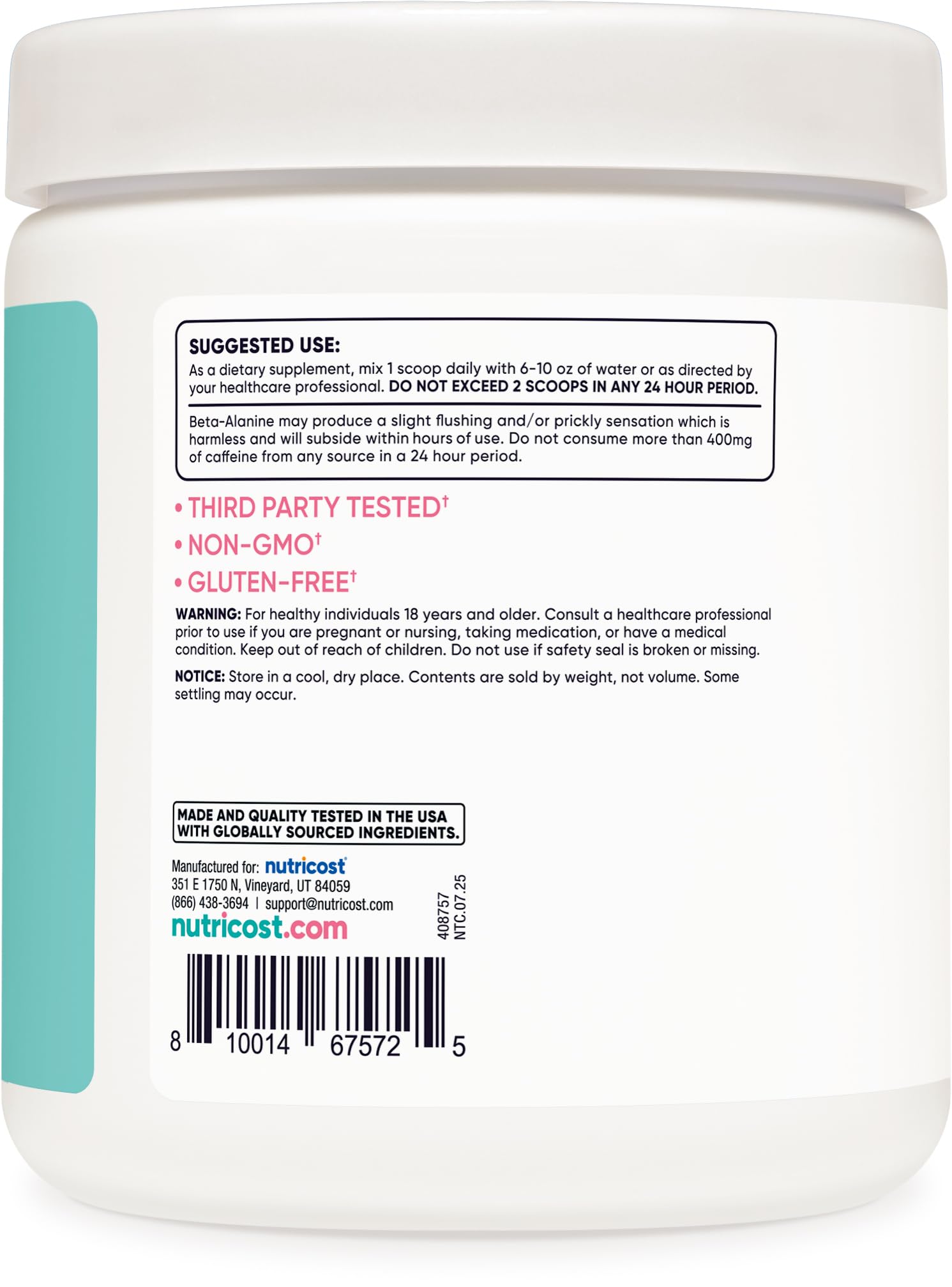 Nutricost 30-serving tub label emphasizing quality and wellness