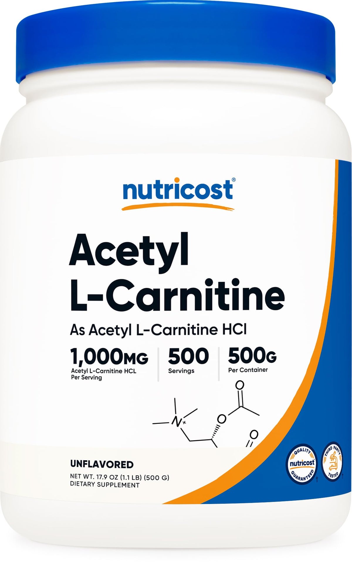 Front view of Nutricost Acetyl L-Carnitine 500g container