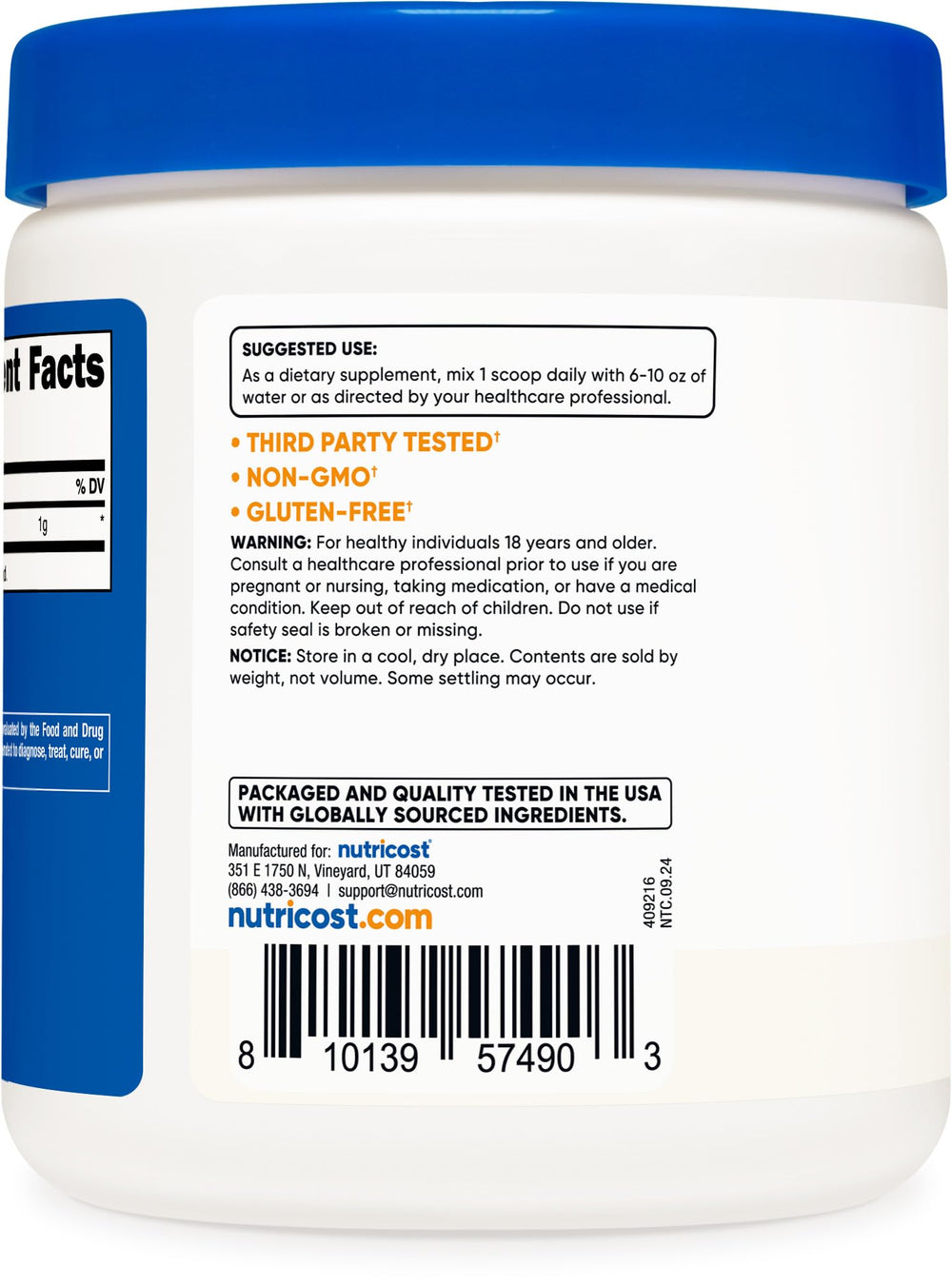 Nutrition facts panel for Acetyl L-Carnitine powder