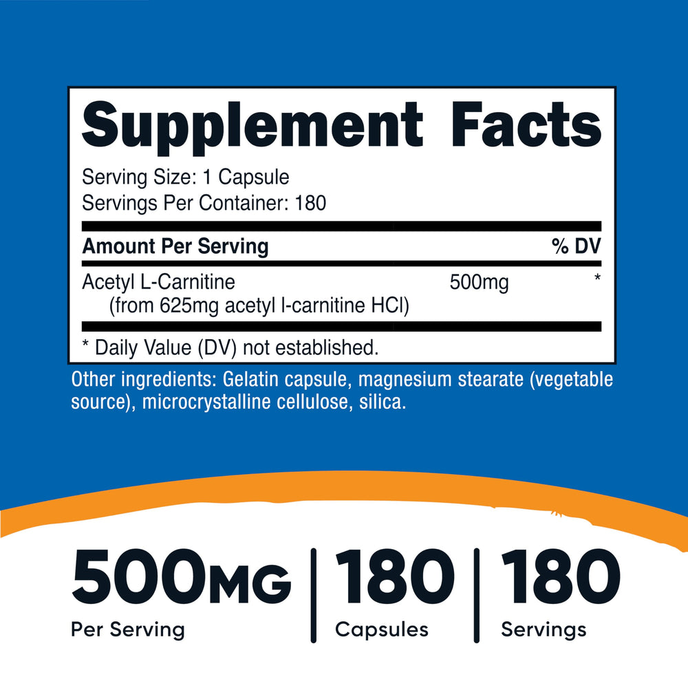 Close-up of Nutricost Acetyl L-Carnitine capsule showing 500mg dosage.