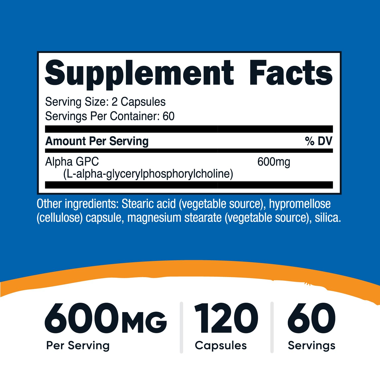 Alpha GPC 600mg capsules close-up inside bottle