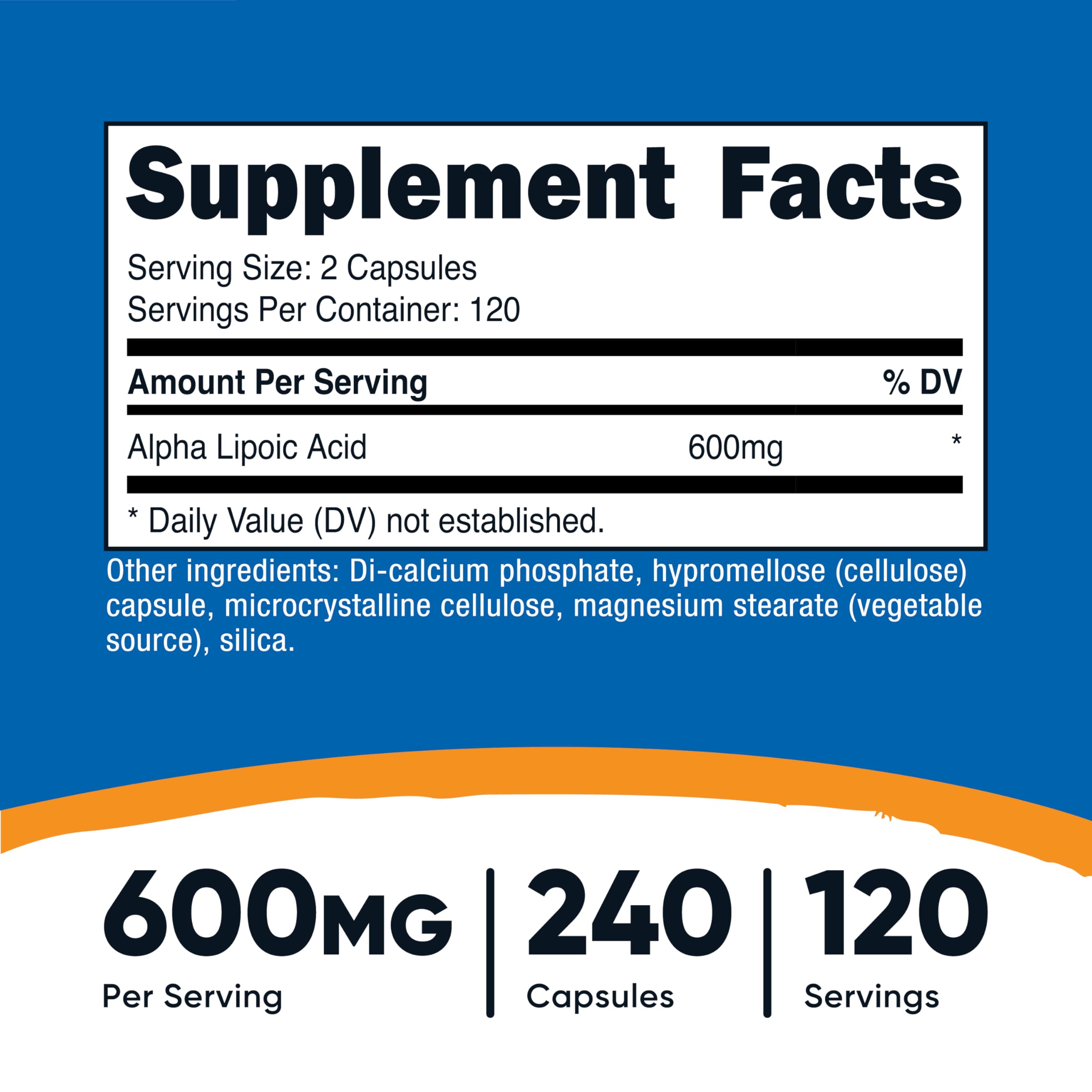 Detail of Alpha Lipoic Acid 600mg label close-up