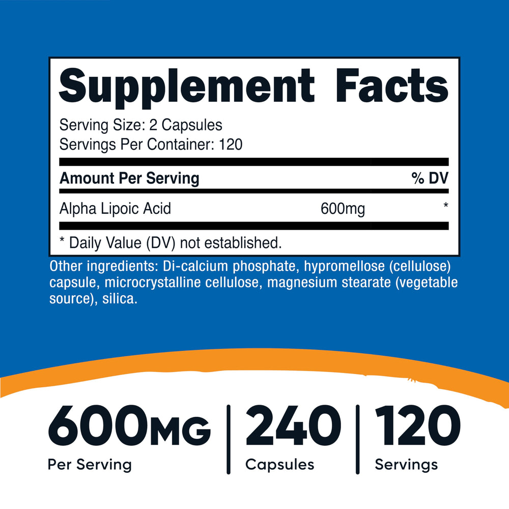 Detail of Alpha Lipoic Acid 600mg label close-up