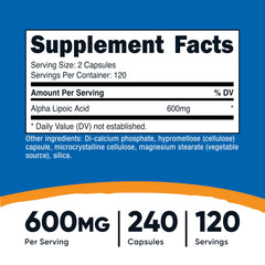 Detail of Alpha Lipoic Acid 600mg label close-up