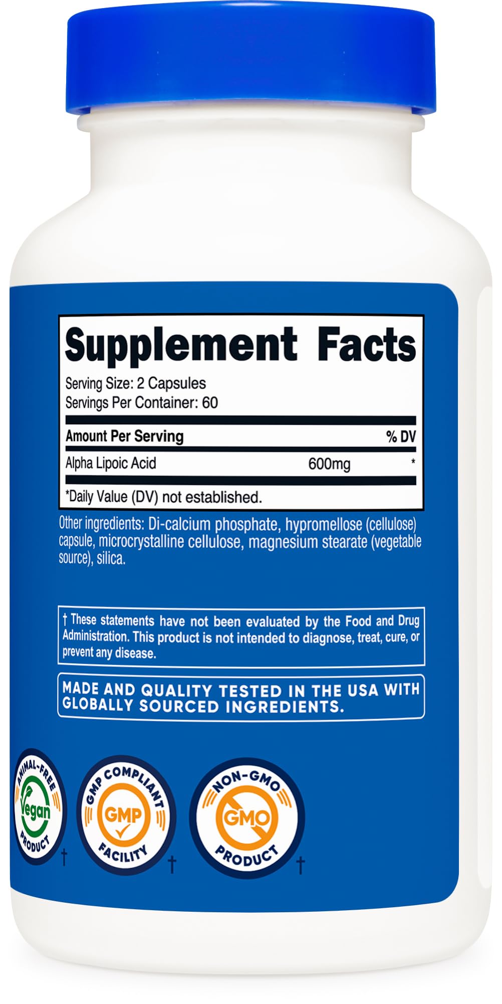 Packaging of Nutricost Alpha Lipoic Acid 600mg bottle