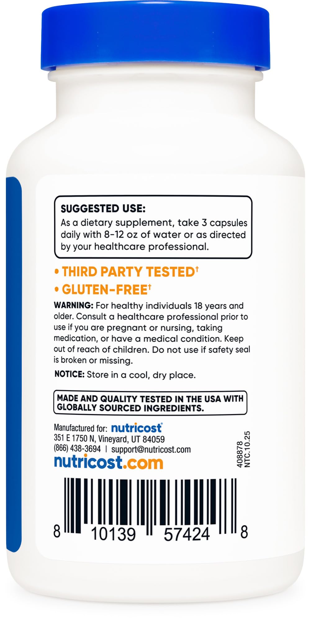 Nutricost capsules beside measuring scoop, clear serving size visual