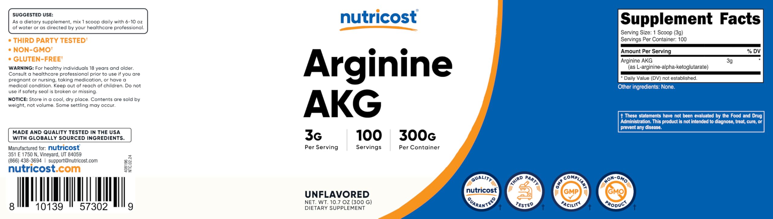 Packaging image of Nutricost Arginine AKG Powder 300 g