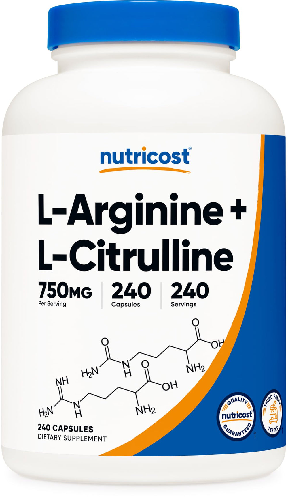 Nutricost L-Arginine L-Citrulline Complex bottle label showing 750mg per capsule