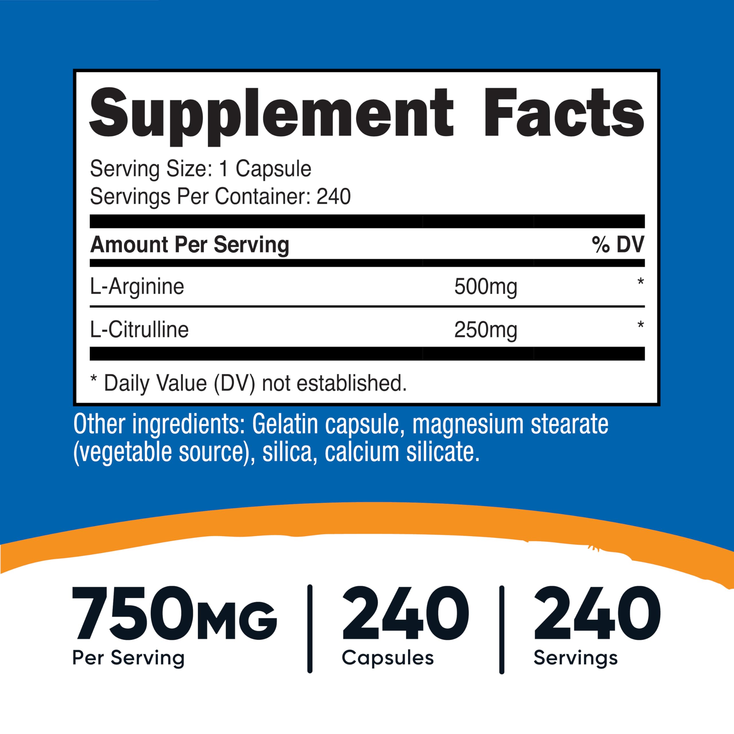 Close-up of Nutricost L-Arginine L-Citrulline Complex bottle with 240 capsules