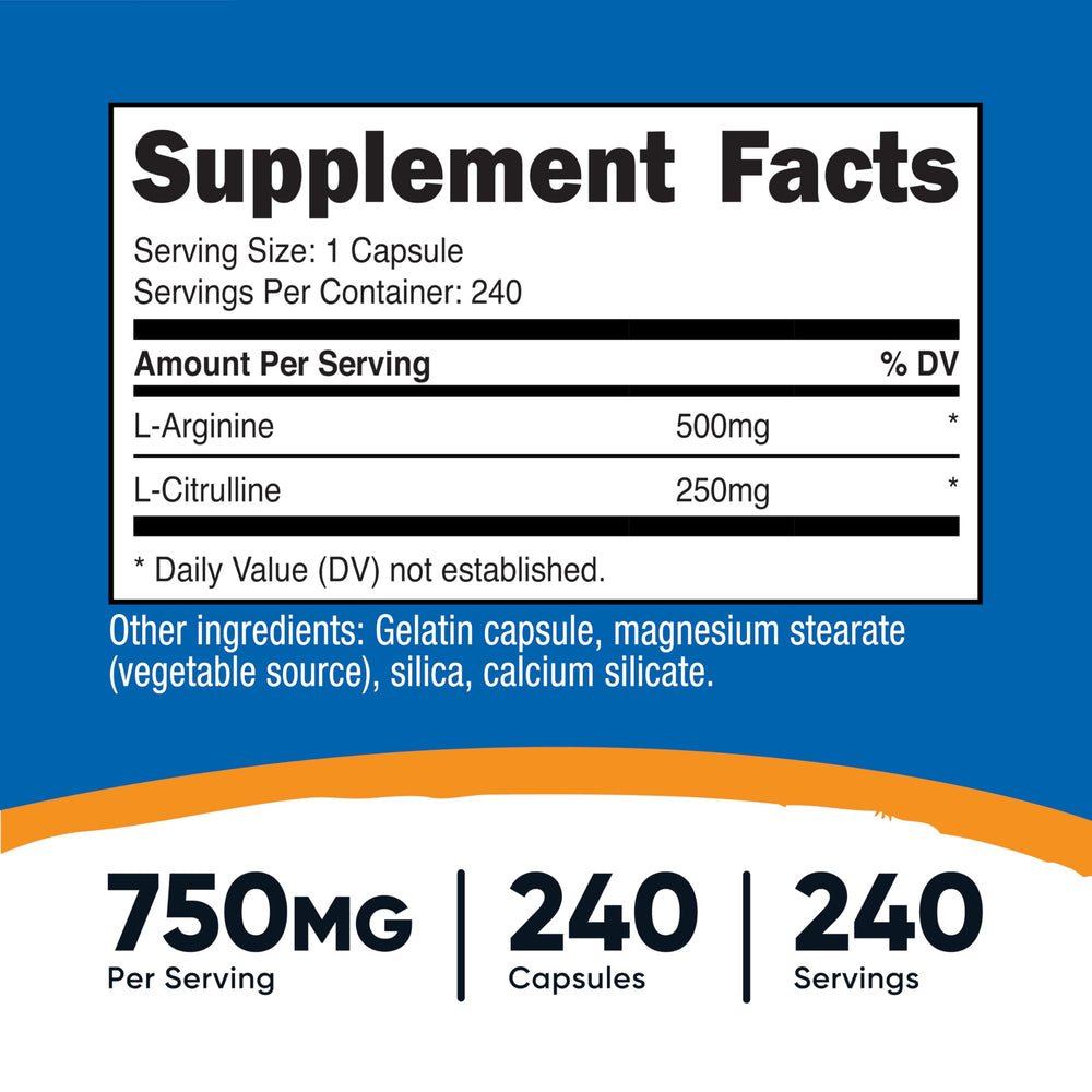 Close-up of Nutricost L-Arginine L-Citrulline Complex bottle with 240 capsules
