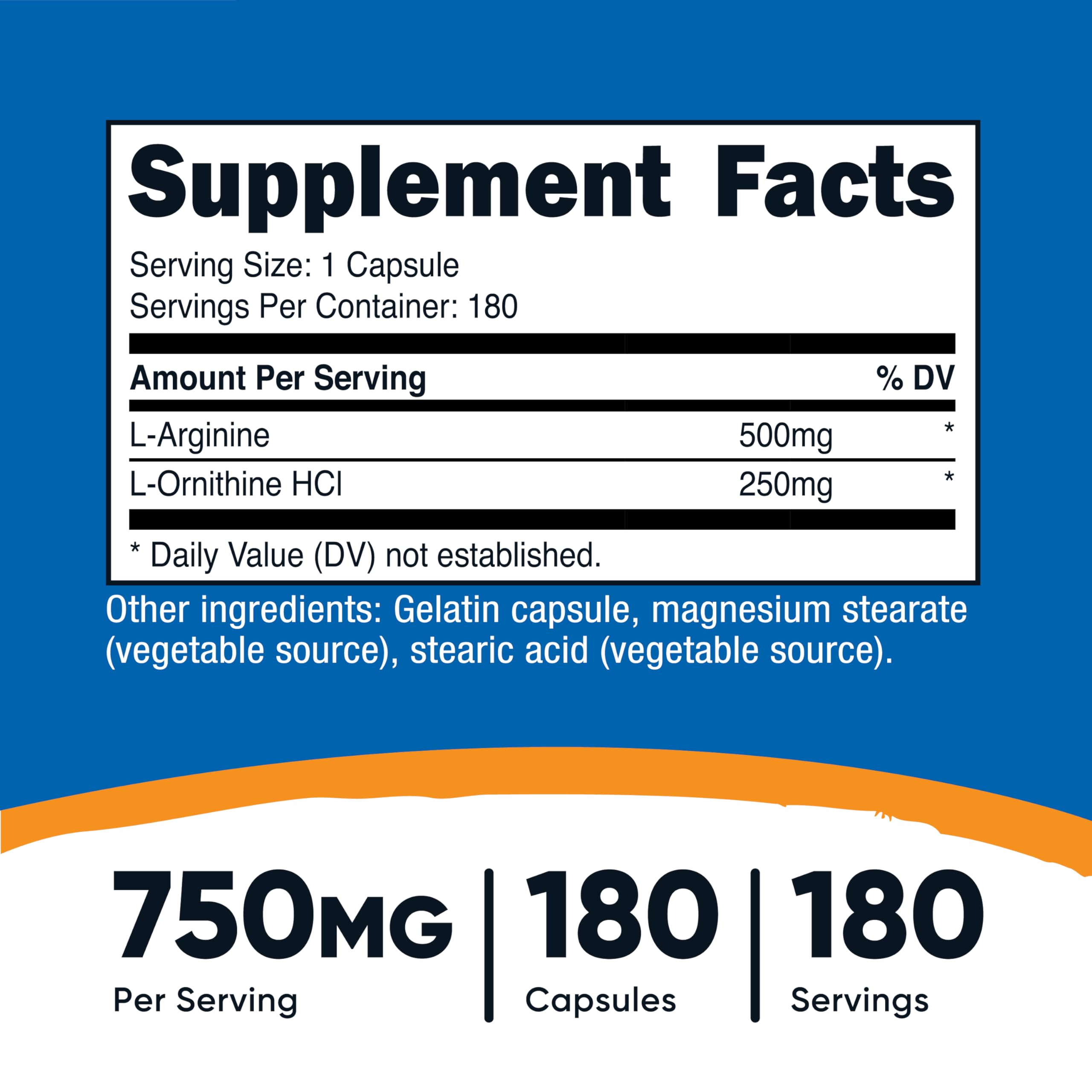 Close-up of Nutricost bottle showing 750mg L-Arginine and L-Ornithine