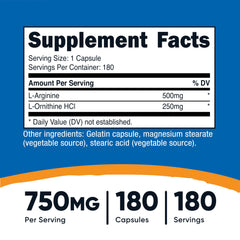 Close-up of Nutricost bottle showing 750mg L-Arginine and L-Ornithine