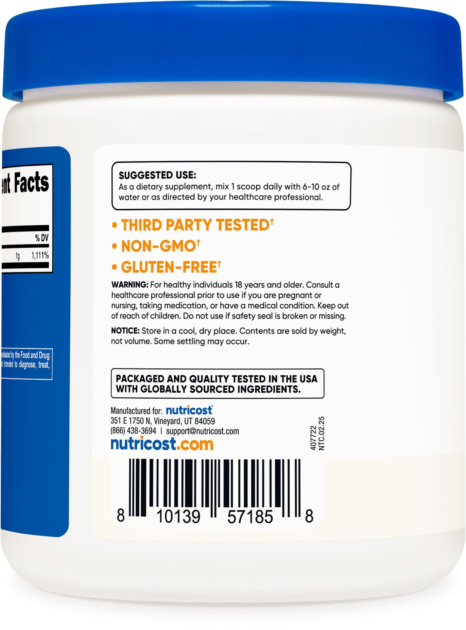 1 lb bottle of Nutricost Ascorbic Acid Powder