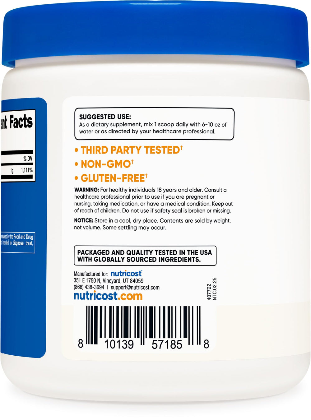 1 lb bottle of Nutricost Ascorbic Acid Powder