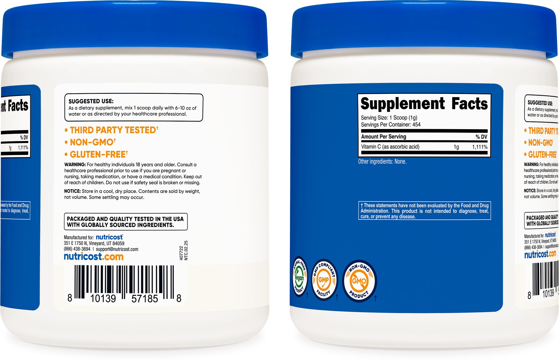 Third-party tested Nutricost Ascorbic Acid Powder label