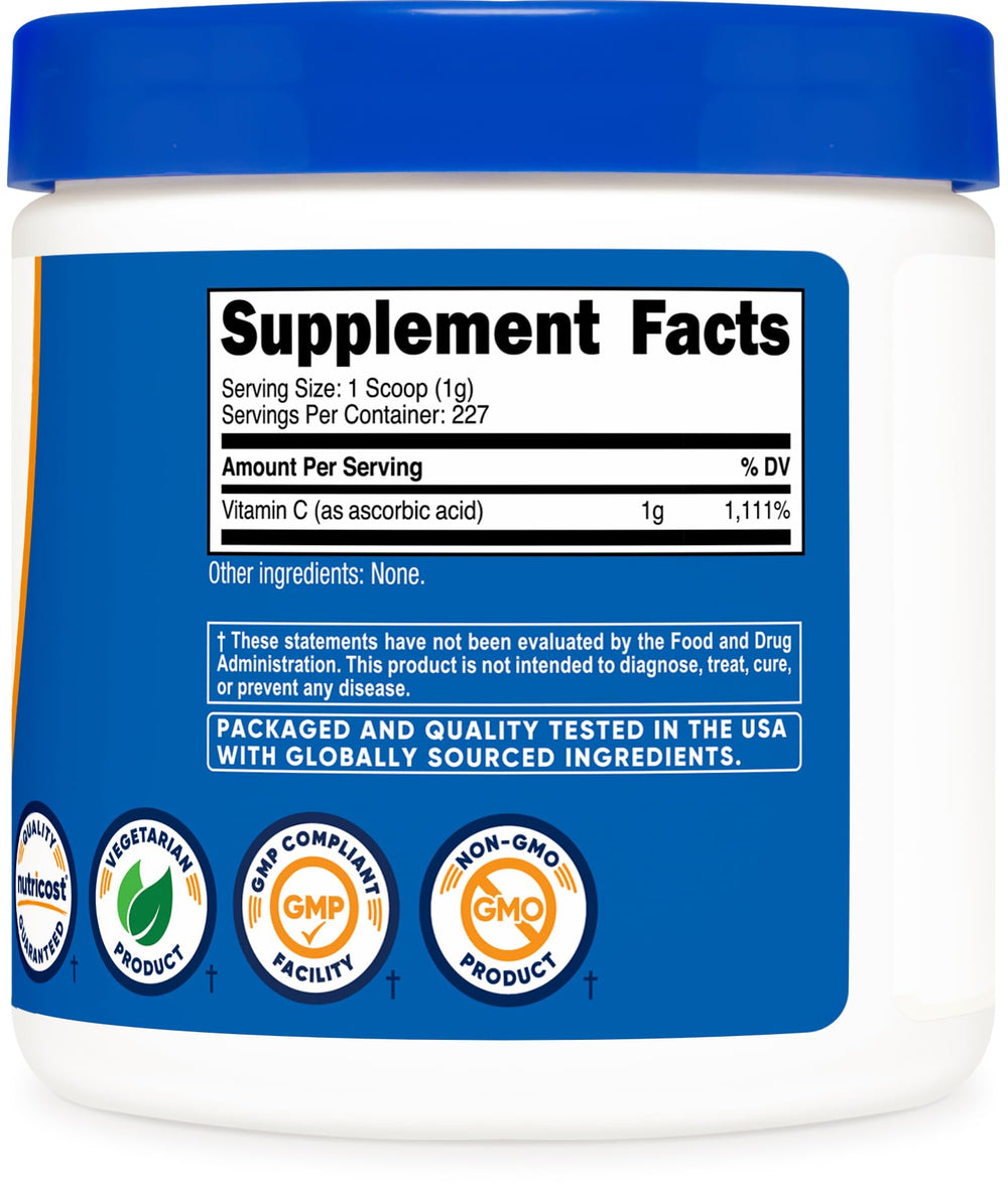 Nutricost Vitamin C powder bottle showing Non-GMO and Gluten Free labels