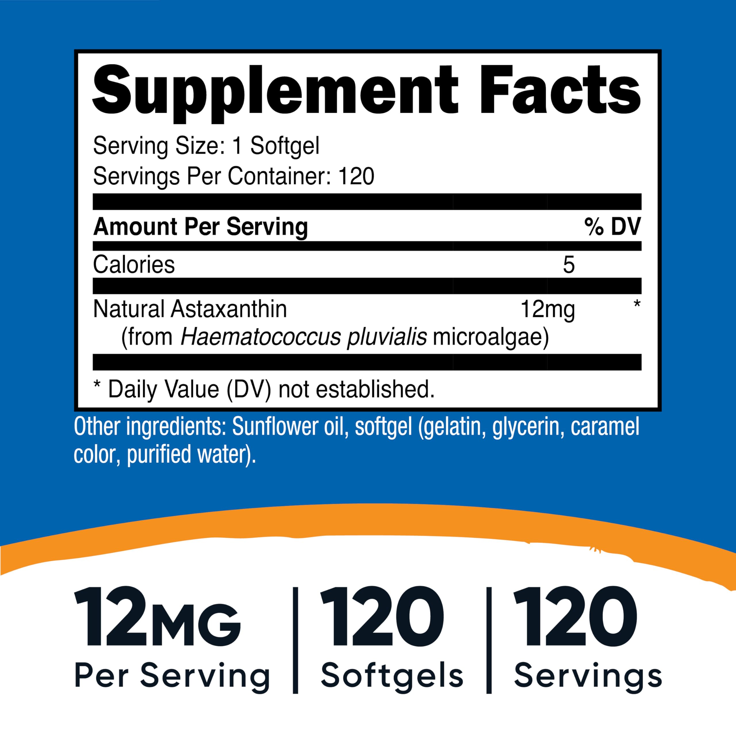 Label on Nutricost Astaxanthin 12mg showing non-GMO and gluten-free