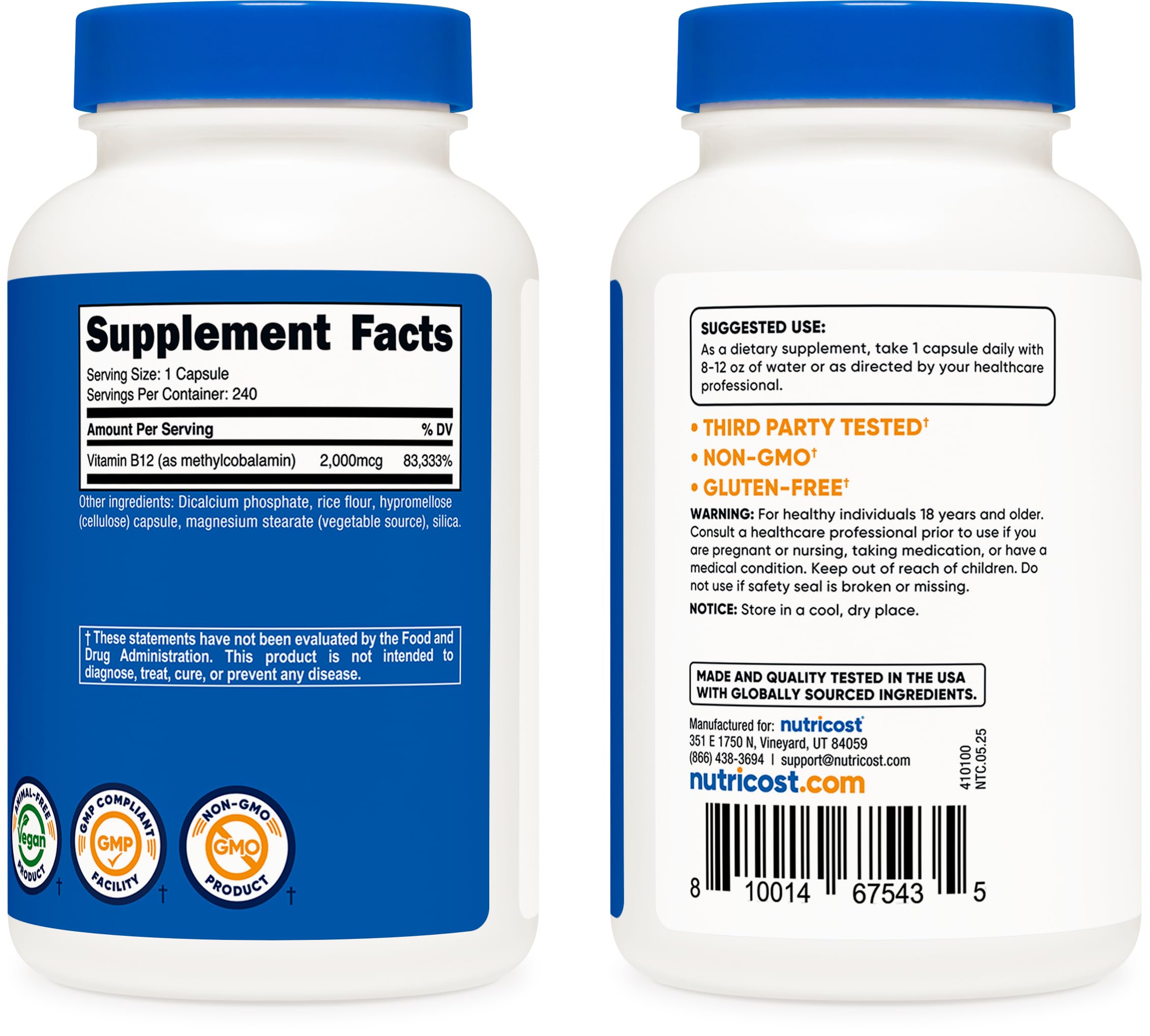 Nutricost B12 vegetarian capsule bottle and pack