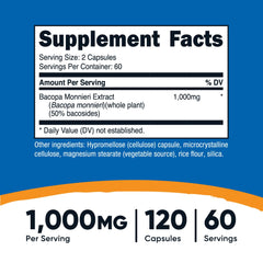 Close-up of Bacopa Monnieri 1000mg per serving label on bottle