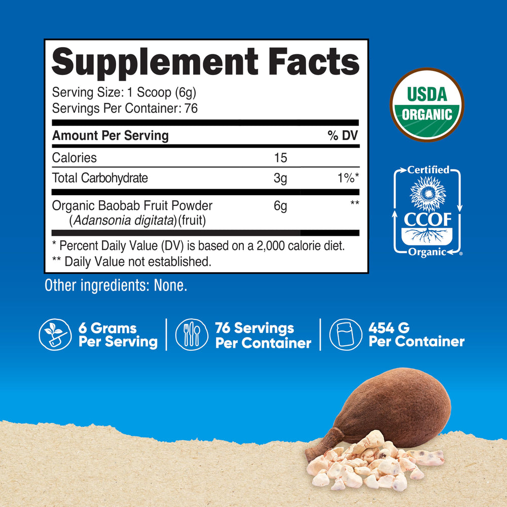 Back view of Nutricost Organic Baobab Powder Unflavored 1lb jar with label