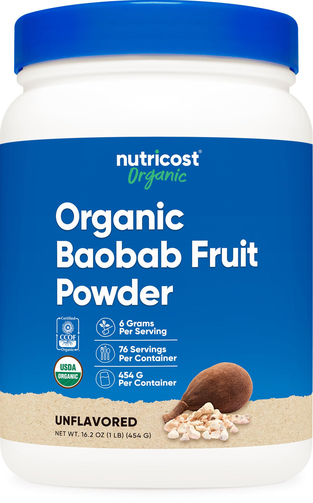 Front view of Nutricost Organic Baobab Powder Unflavored 1lb jar