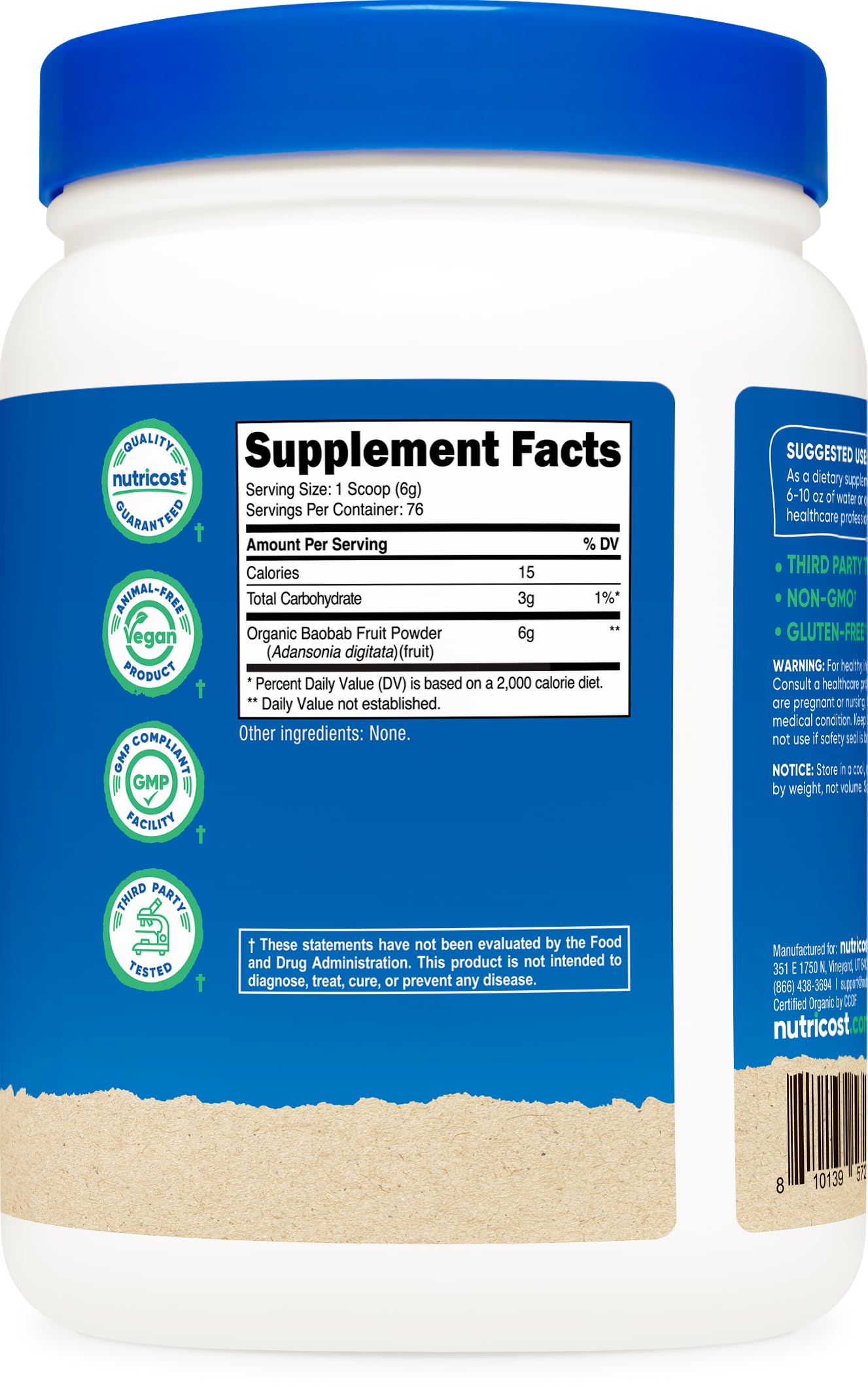 Packaging and container for Nutricost Organic Baobab Powder Unflavored 1lb